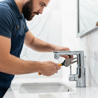 Licensed plumber installing high-end fixtures in a luxury bathroom