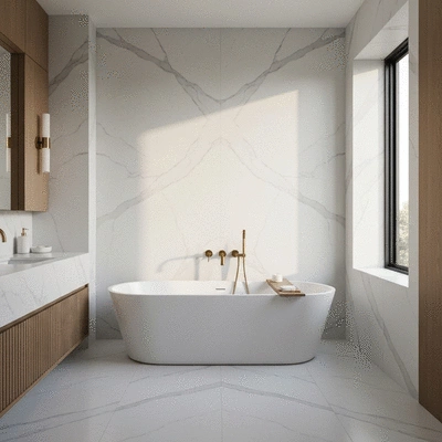 Modern luxury bathroom with marble finishes and freestanding tub