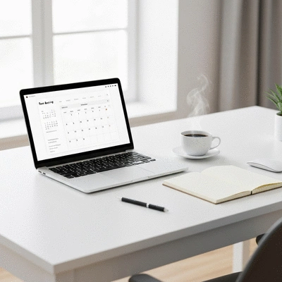 Close up of a person using a laptop to book an online appointment, clean desk environment