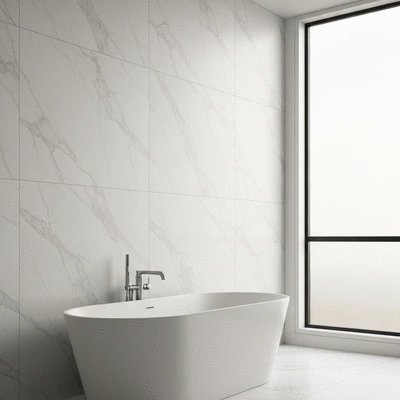 Modern luxury bathroom with marble tiles and freestanding bathtub