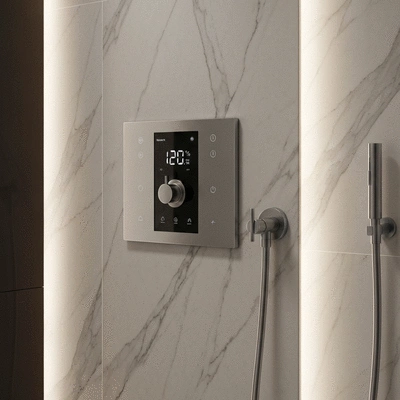 Smart bathroom technology with digital shower controls and elegant marble