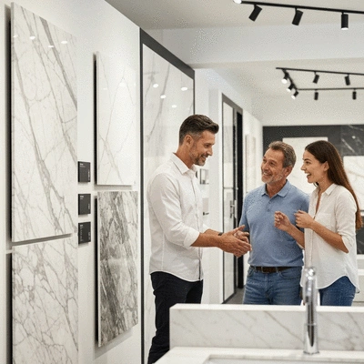 Happy couple discussing renovation details with a manager in a showroom