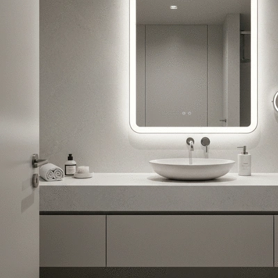 Modern bathroom vanity with elegant lighting and mirror