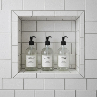 Recessed wall niche with organized toiletries and decorative tile