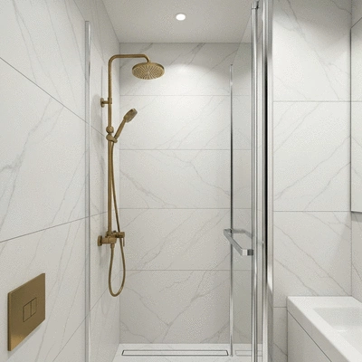 Modern small bathroom with marble tiles and gold fixtures