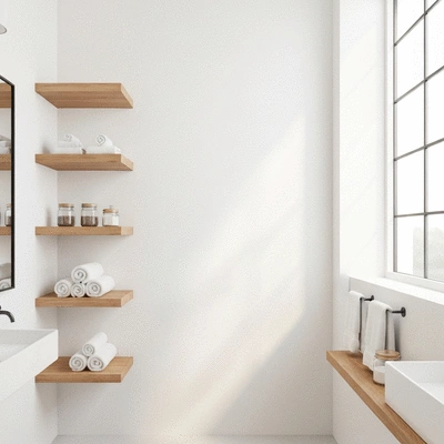 Organized small bathroom with floating wooden shelves and neat towels