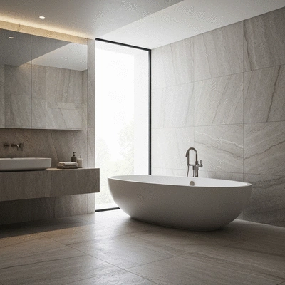 Modern luxury bathroom with freestanding tub and natural lighting