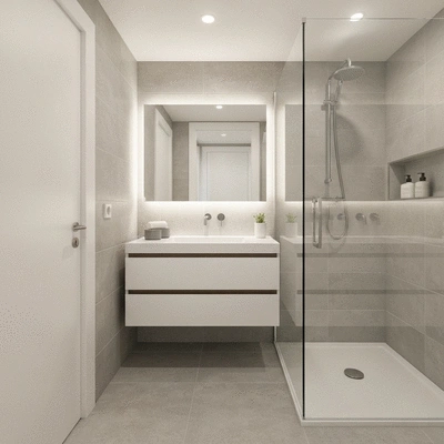 Modern compact ensuite bathroom with space-efficient vanity and shower