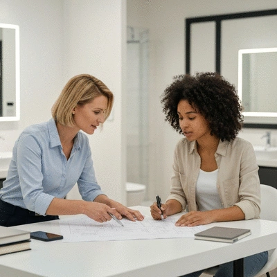 Professional bathroom designer discussing plans with a client in a modern showroom