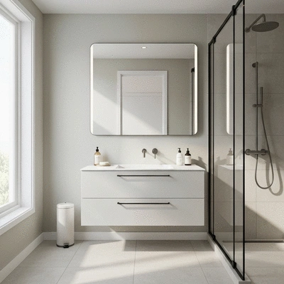 Modern small bathroom with wall-mounted vanity and large mirror