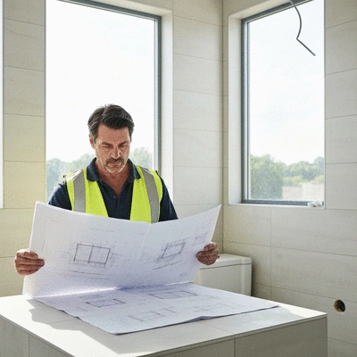 Professional builder reviewing blueprints in a modern bathroom setting