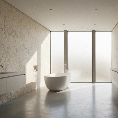 Modern luxury bathroom with freestanding tub and natural stone walls