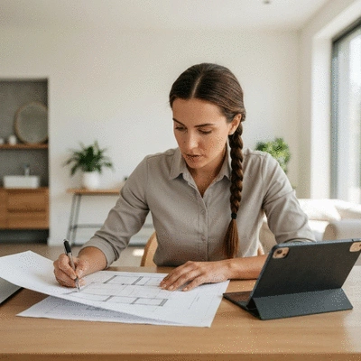 Professional project manager reviewing bathroom blueprints in a modern home