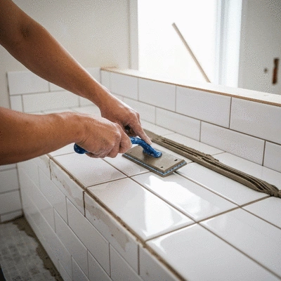 Professional contractor installing ceramic wall tiles in a bathroom