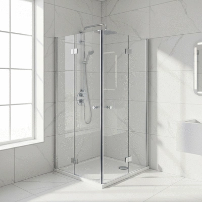 Modern corner shower with glass doors in a small bright bathroom