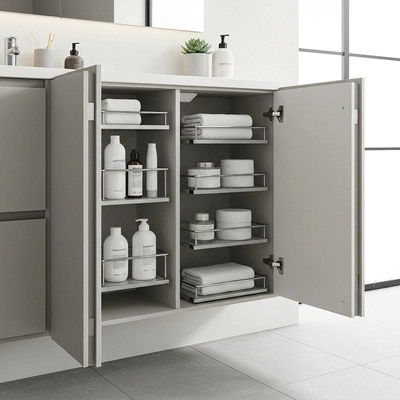Modern bathroom vanity with pull-out under-sink organizers and clear bins