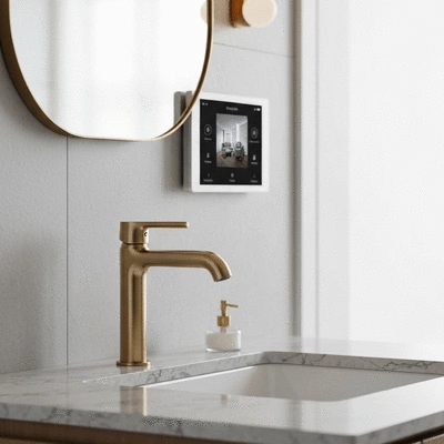 Close up of luxury bathroom fixtures and smart technology interface