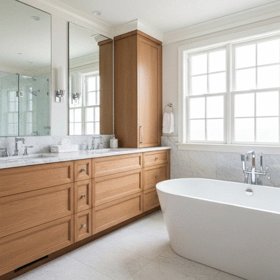 Luxurious master bathroom with dual vanities and freestanding tub