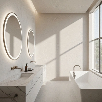 Modern luxury bathroom with double vanity and freestanding tub