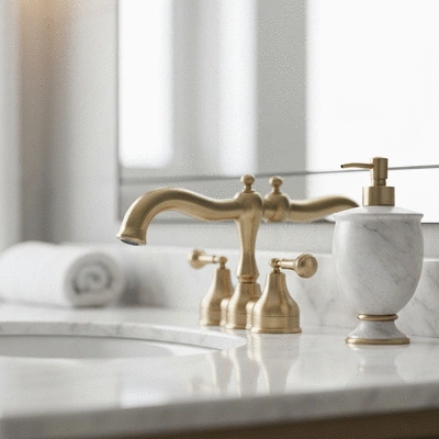 Close up of high-end gold bathroom fixtures and marble countertop