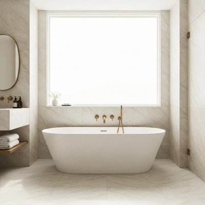 Modern luxury bathroom with freestanding tub and elegant fixtures reflecting a completed renovation