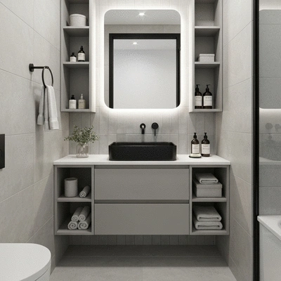 Stylish bathroom with floating vanity and vertical storage